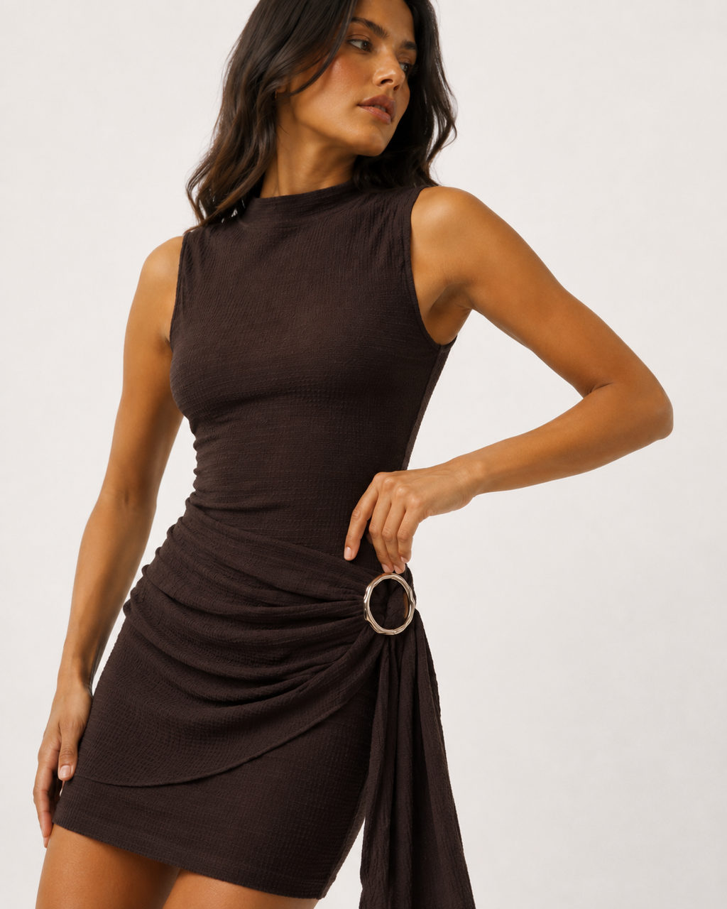 Pleated Belt-Detail Mini Dress