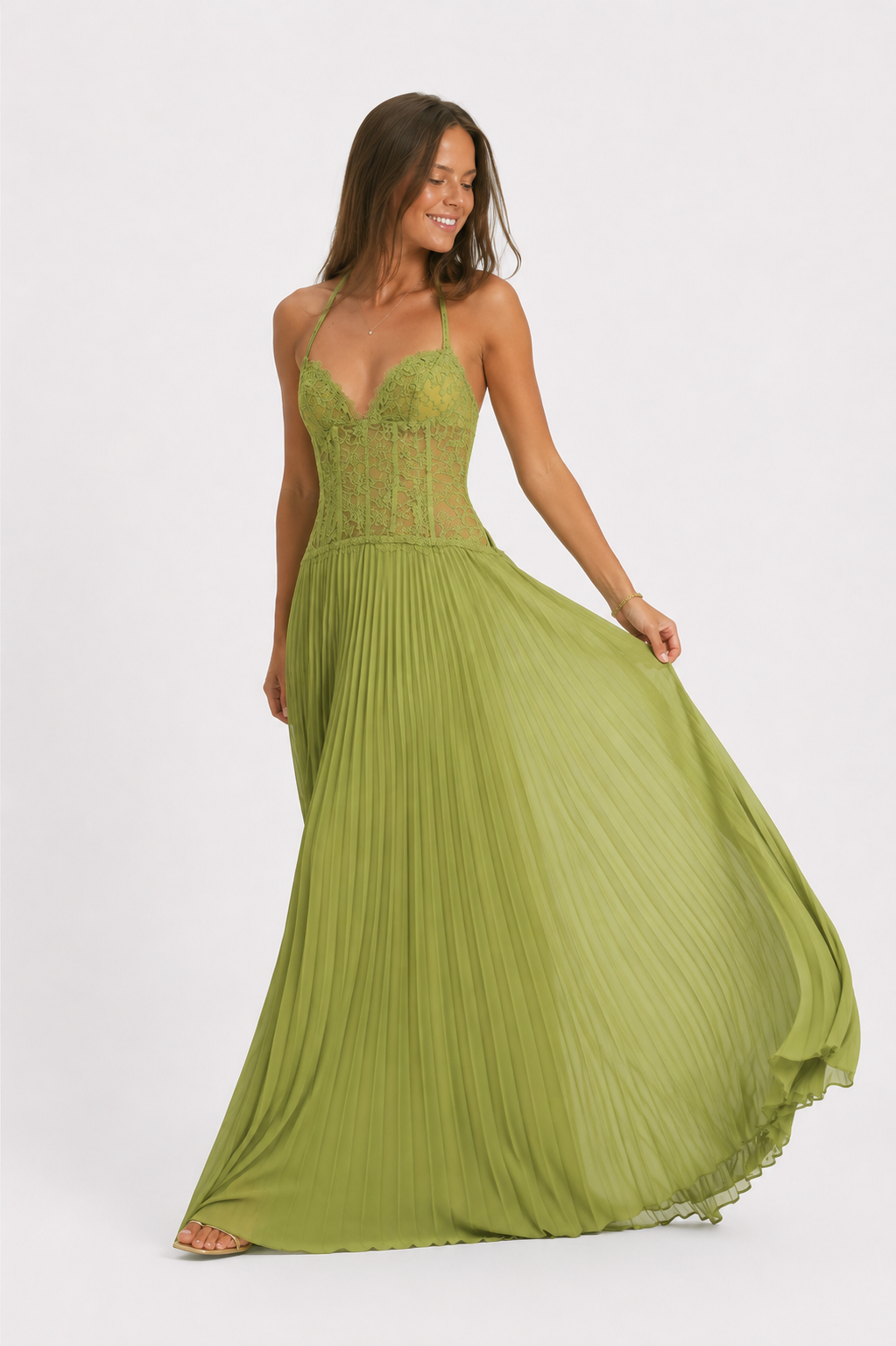 Pleated Corset Halter Maxi Dress