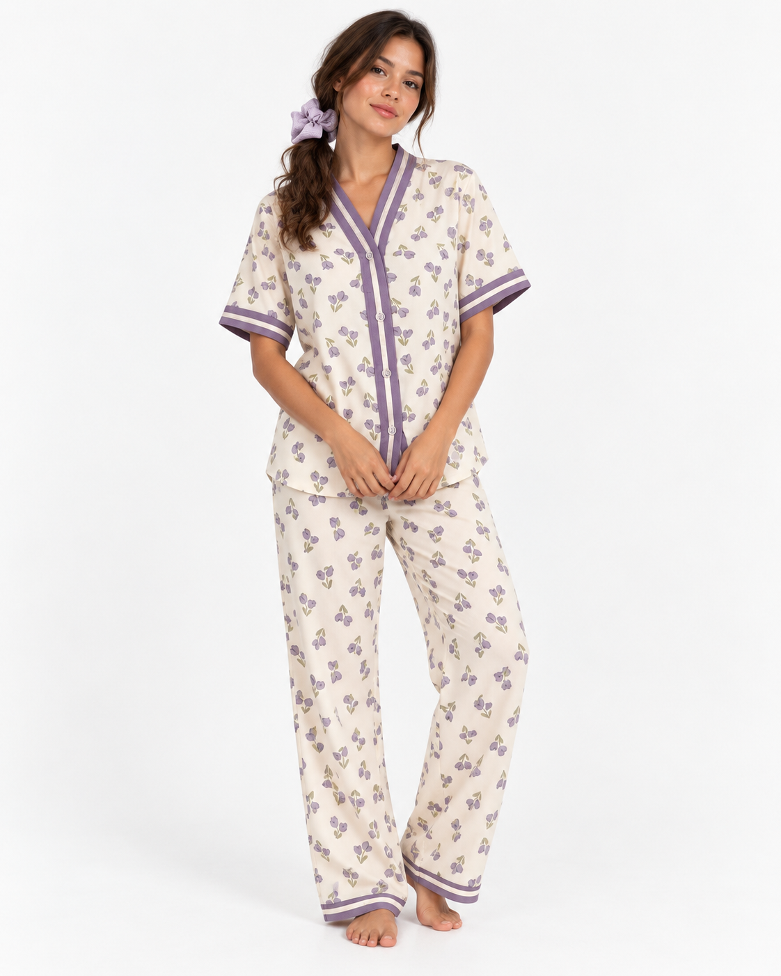 Floral V-Neck Long Pyjama Set
