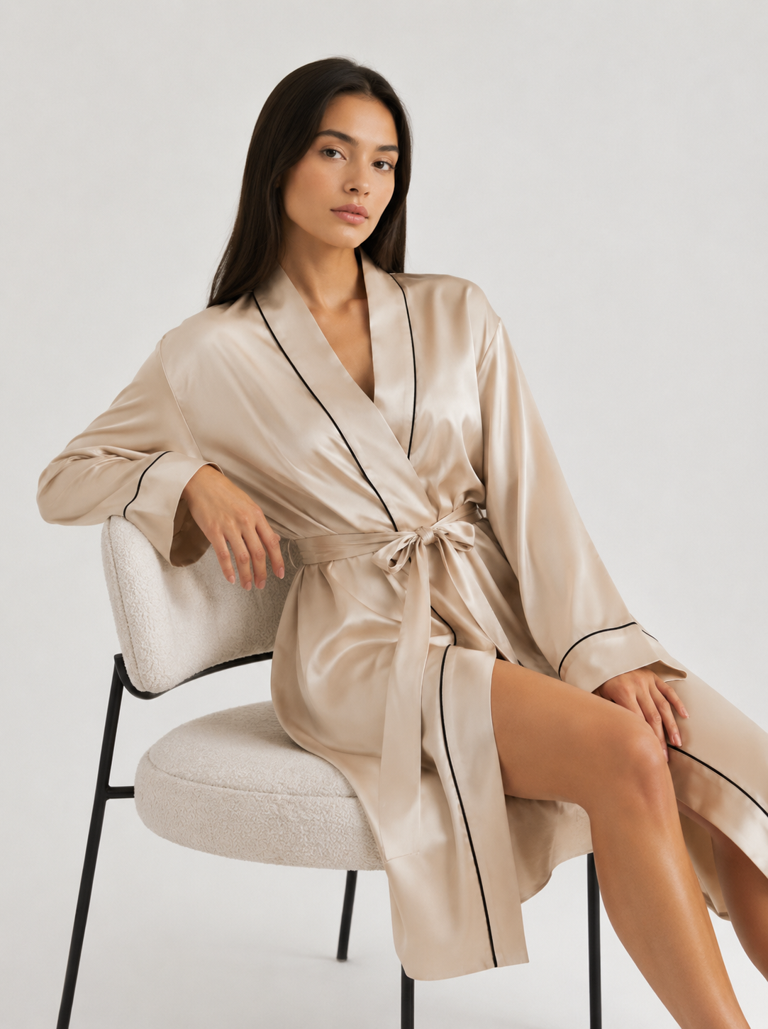 Contrast-Piped Open-Front Dressing Gown