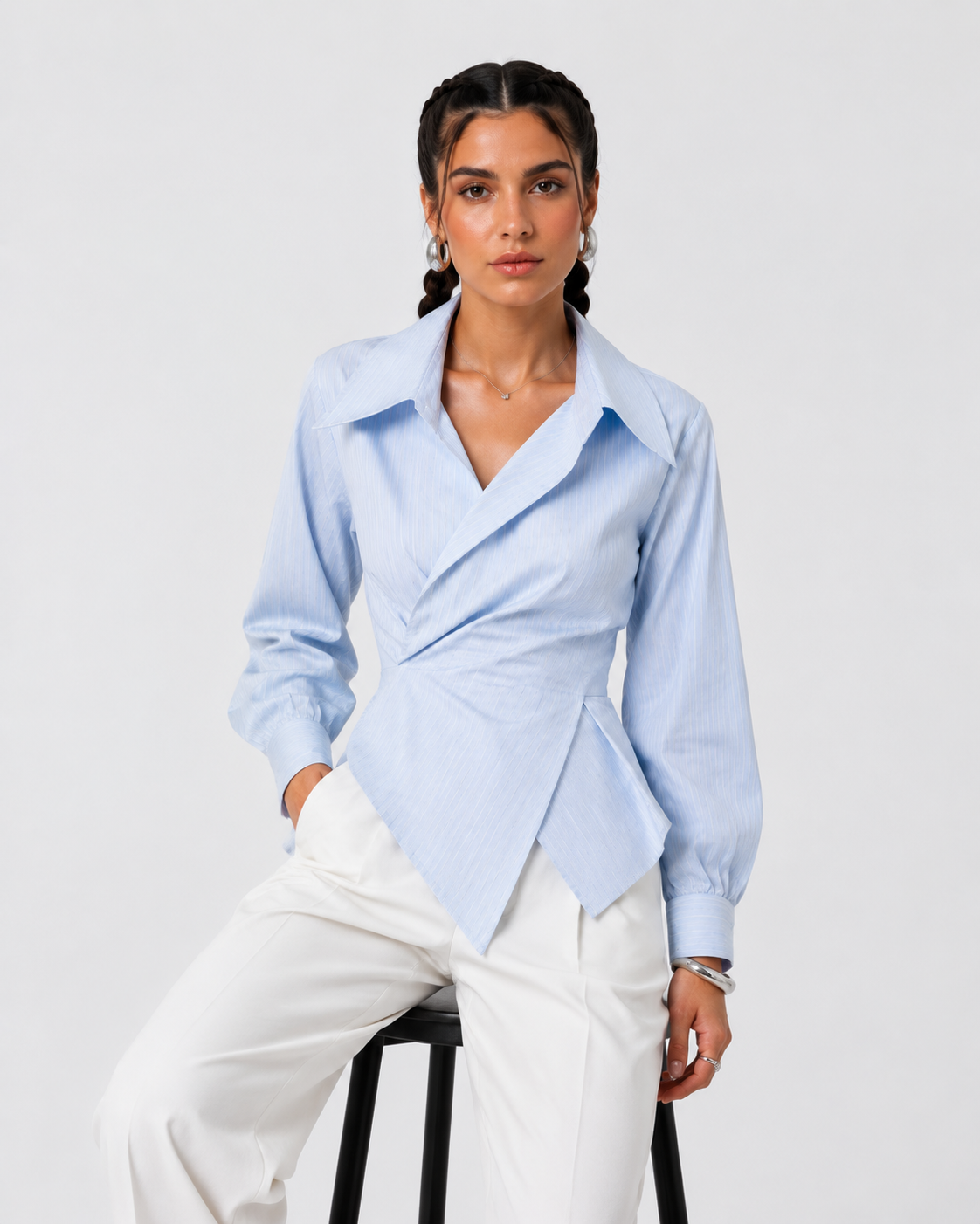 Asymmetric Poplin Wrap Shirt