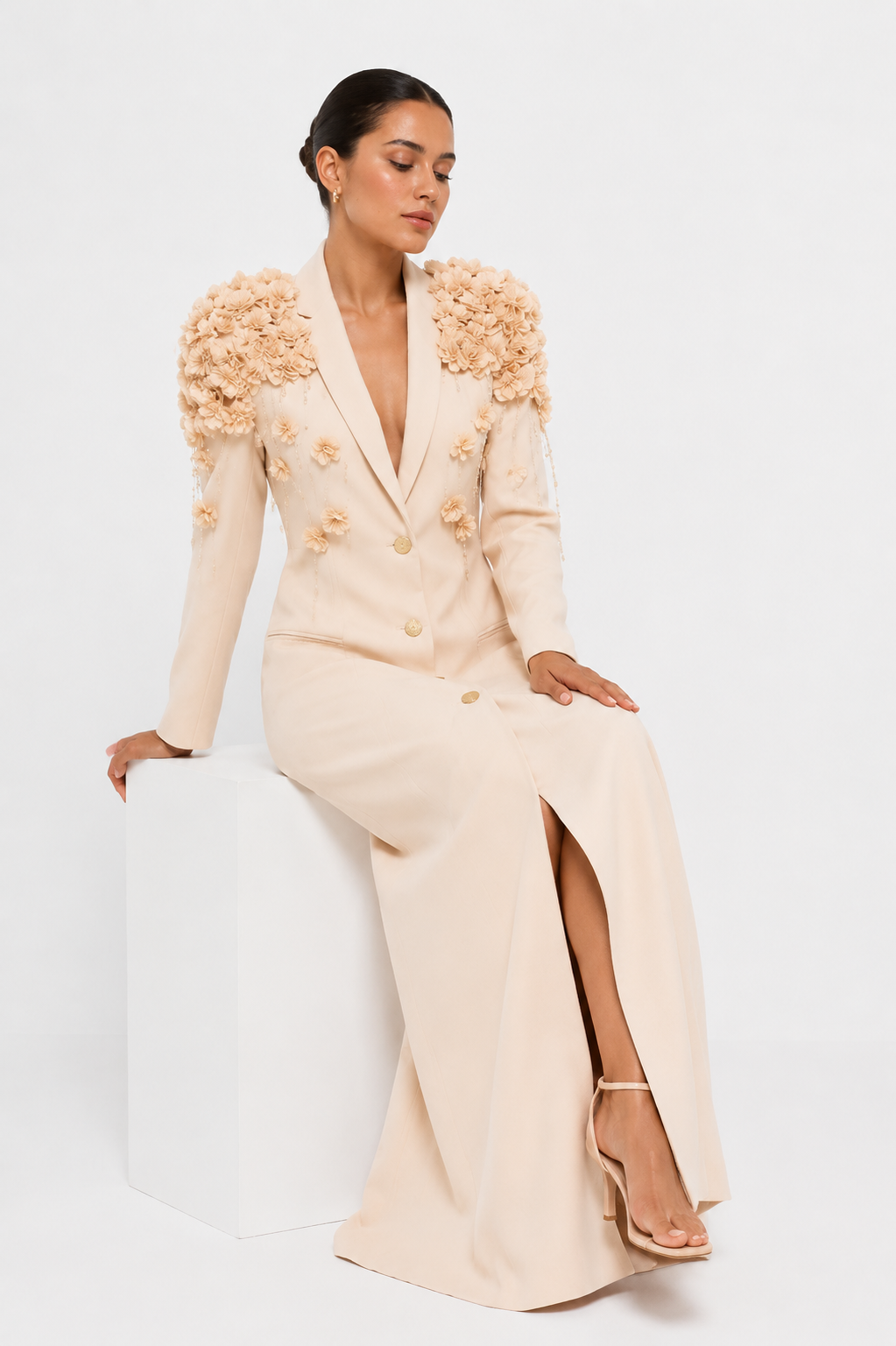 Structured-Shoulder Tailored Maxi Dress