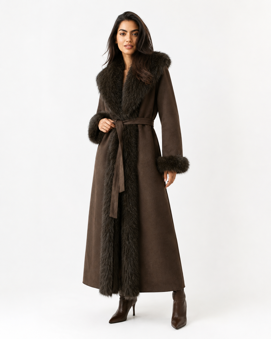 Plush-Panelled Belted Coat