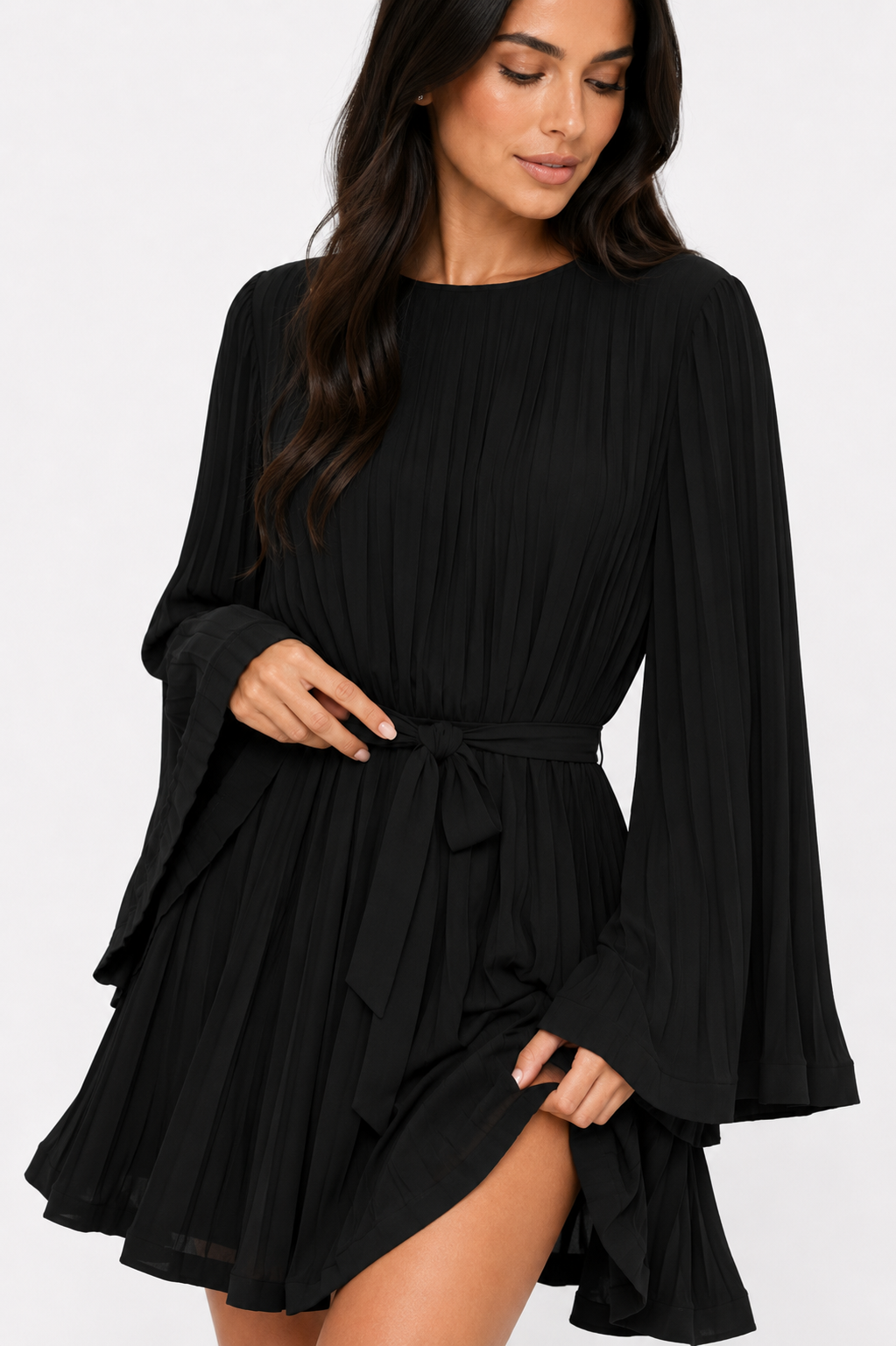 Pleated Cape-Sleeve Mini Dress