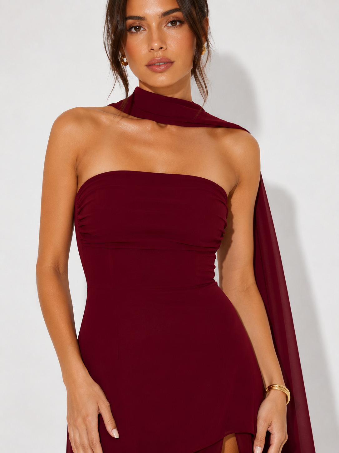 Asymmetric-Overlay Strapless Maxi Dress