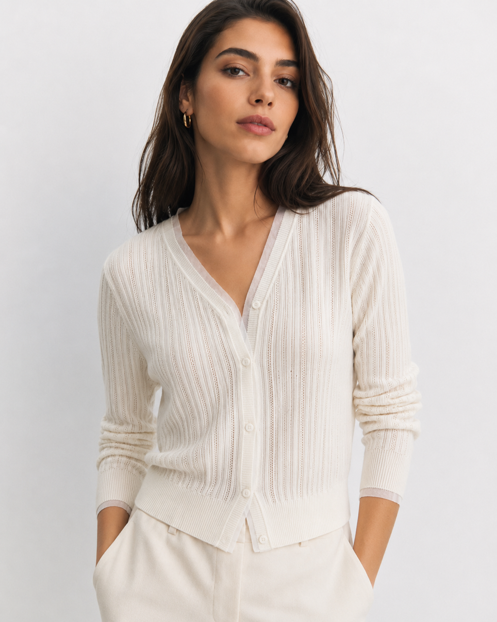 Lace-Trim V-Neck Cardigan