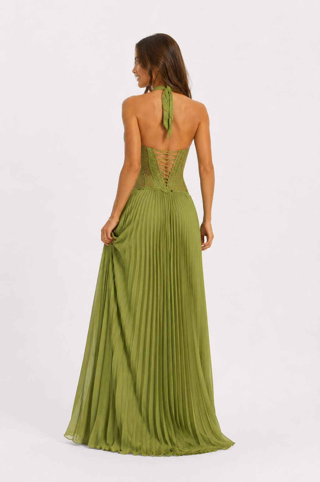 Pleated Corset Halter Maxi Dress