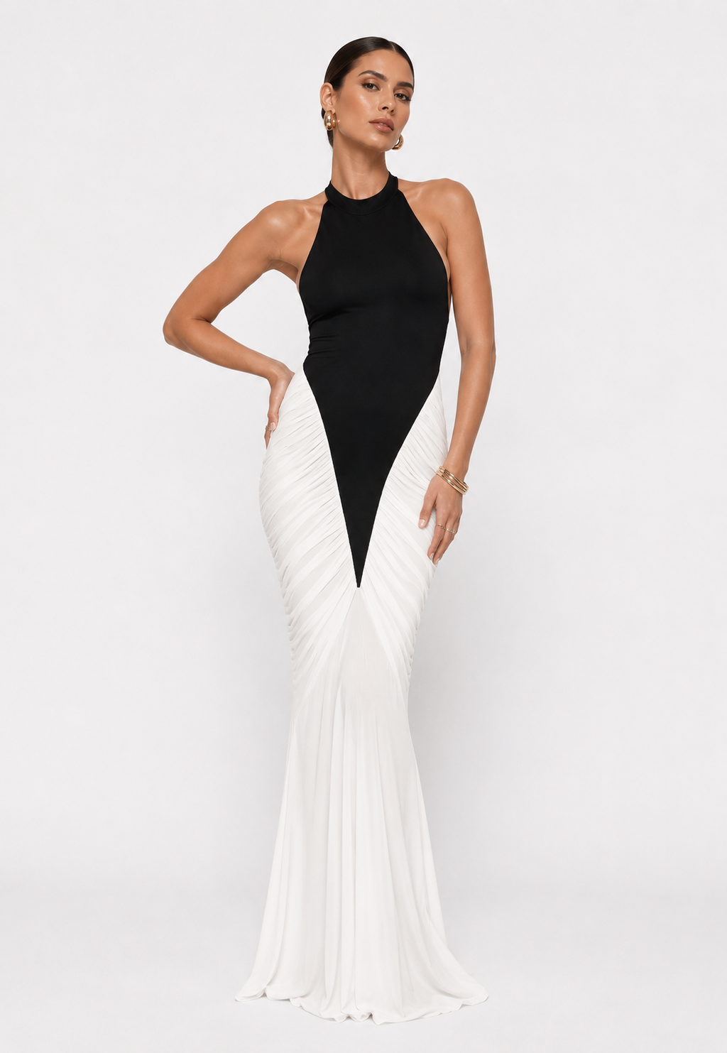 Contrast-Skirt Halter Maxi Dress