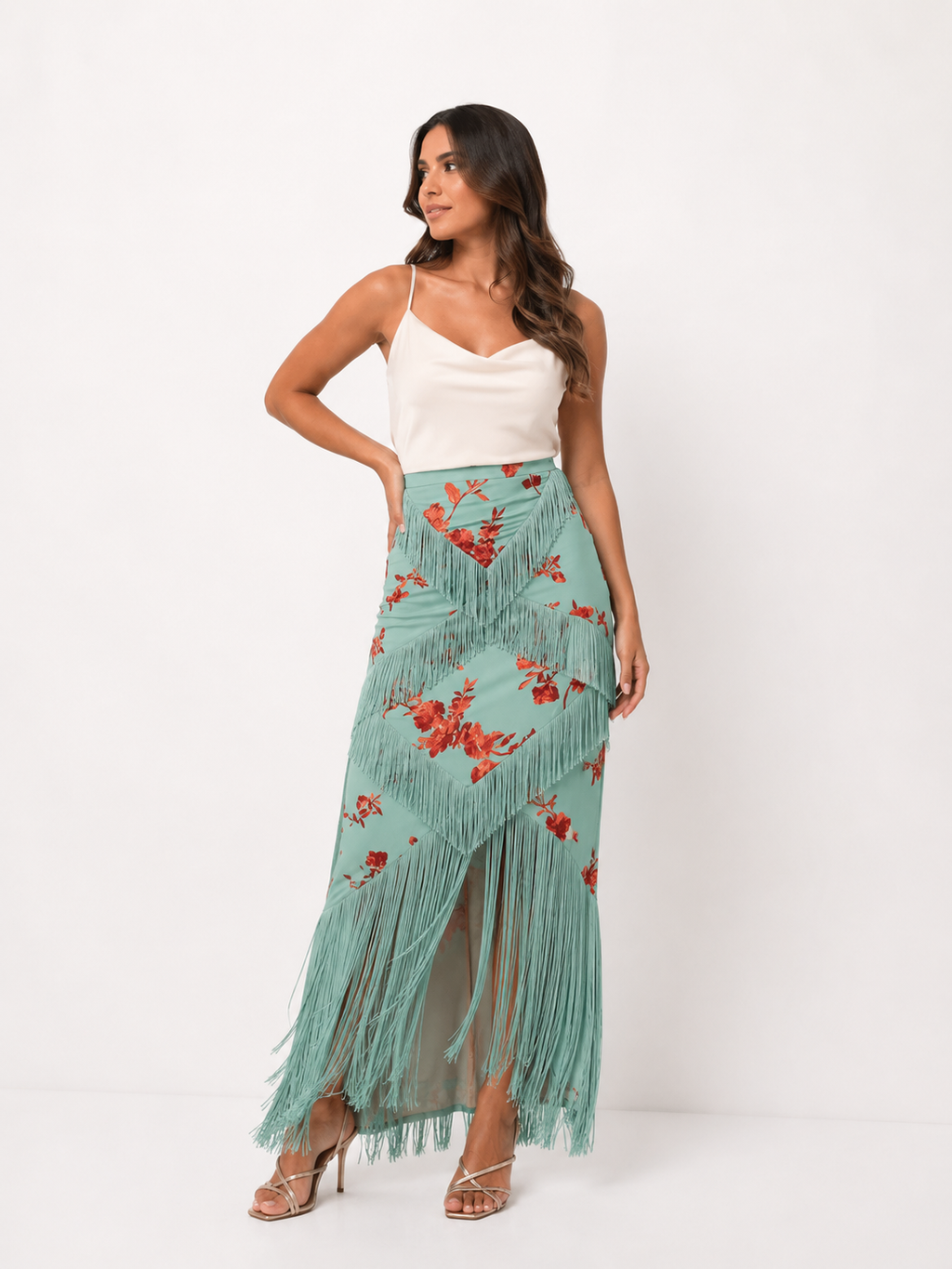 Printed Ruffle Top & Tassel Maxi Skirt Set
