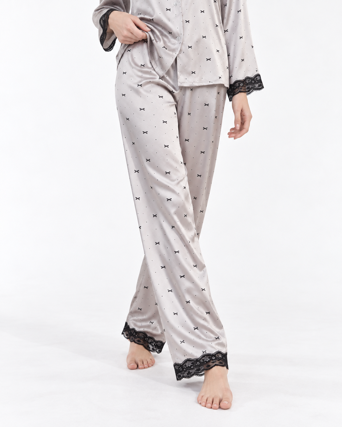 Polka-Dot Long Pyjama Set with Bow Detail