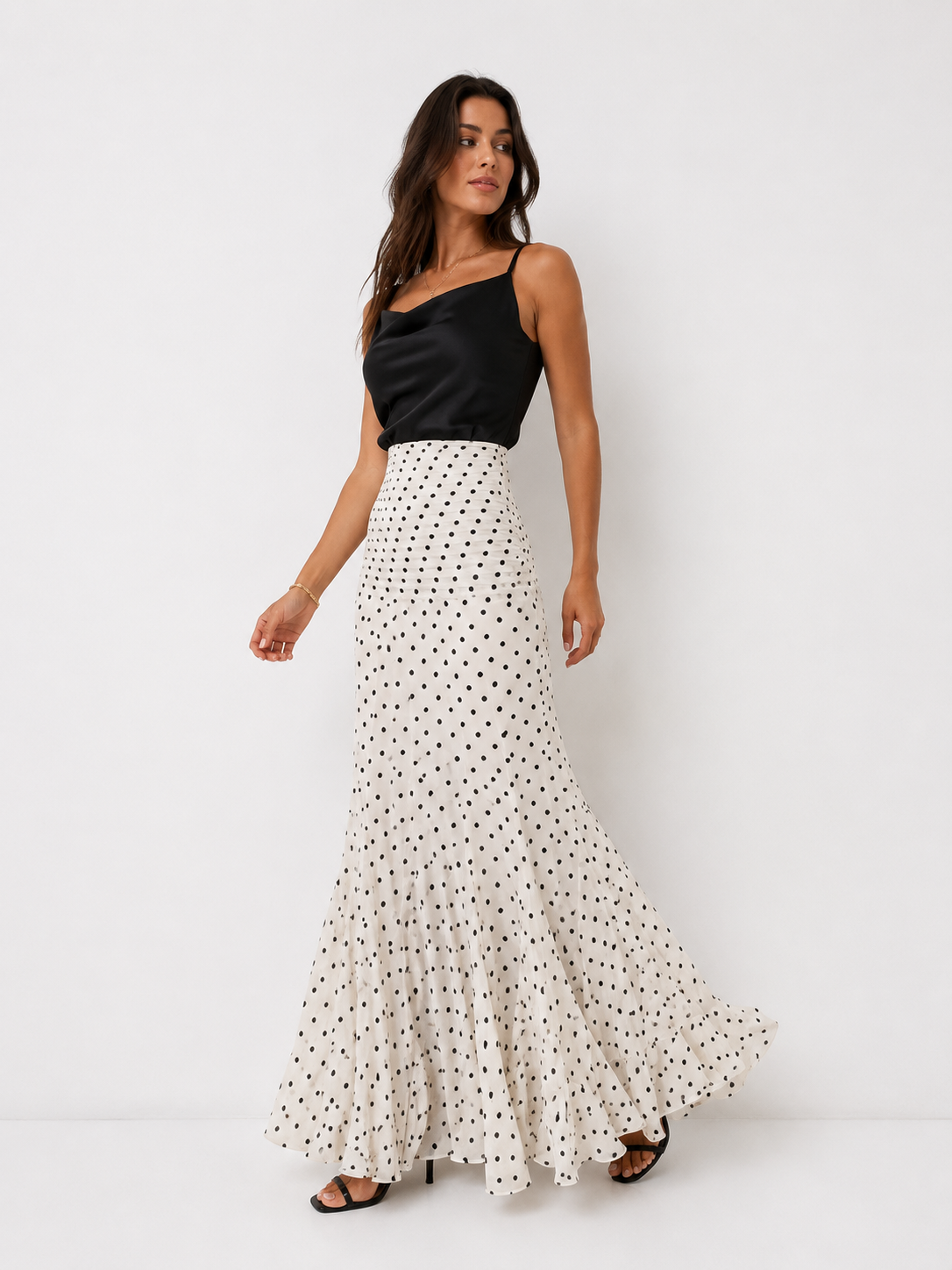 Ruched Polka-Dot Mermaid Maxi Skirt