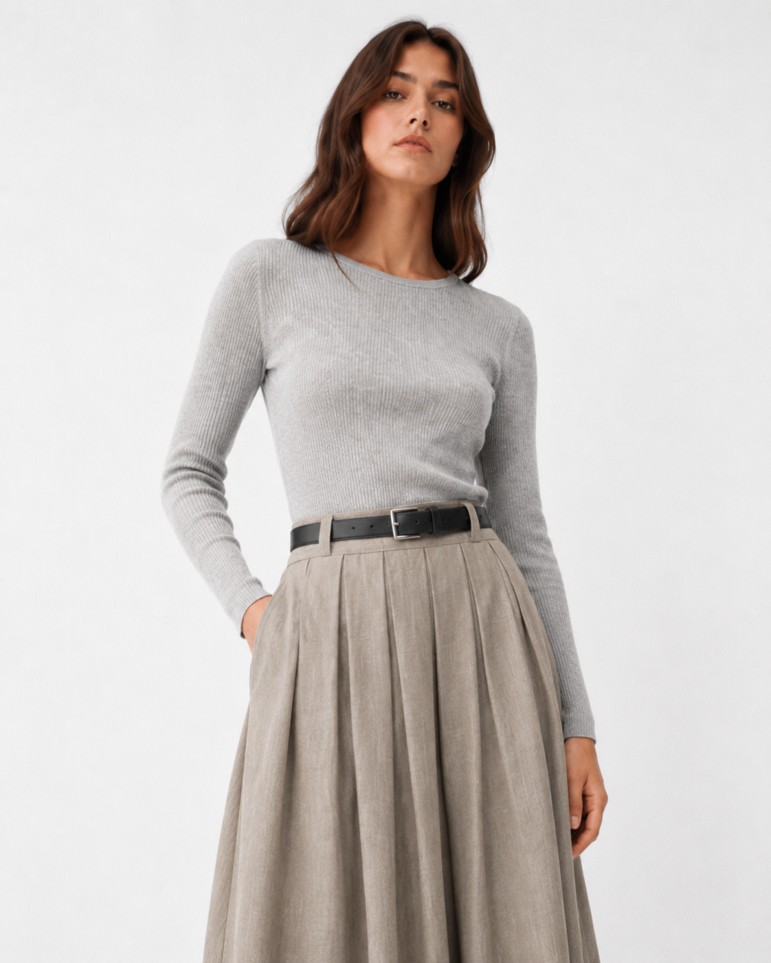Pleated A-Line Midi Skirt