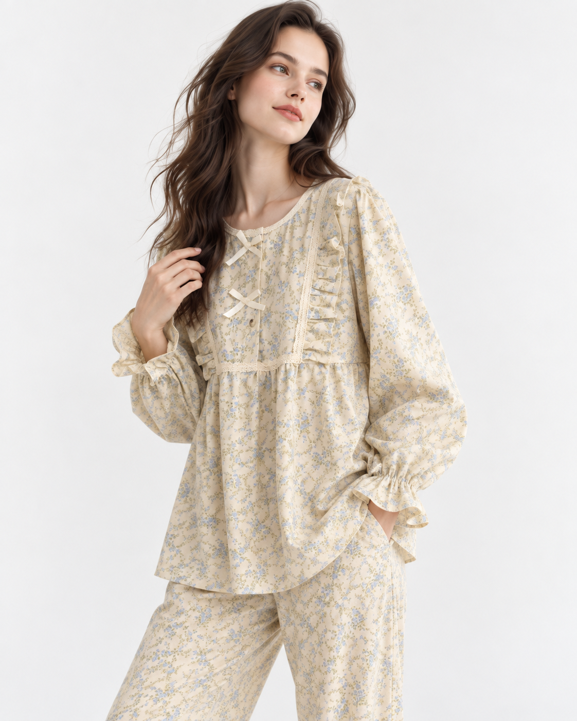Printed Long Pyjama Set with Bow Detail
