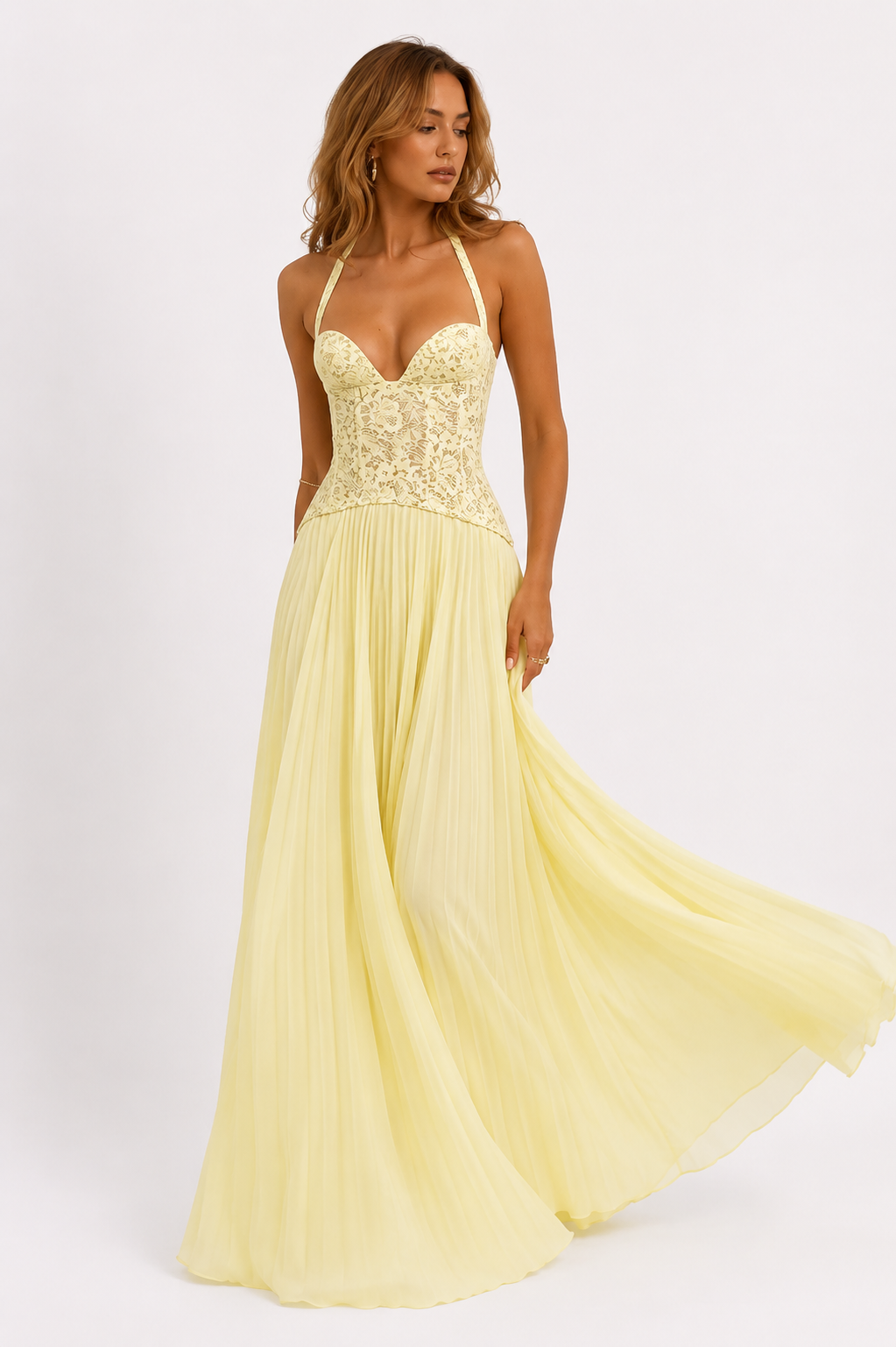 Pleated Corset Halter Maxi Dress