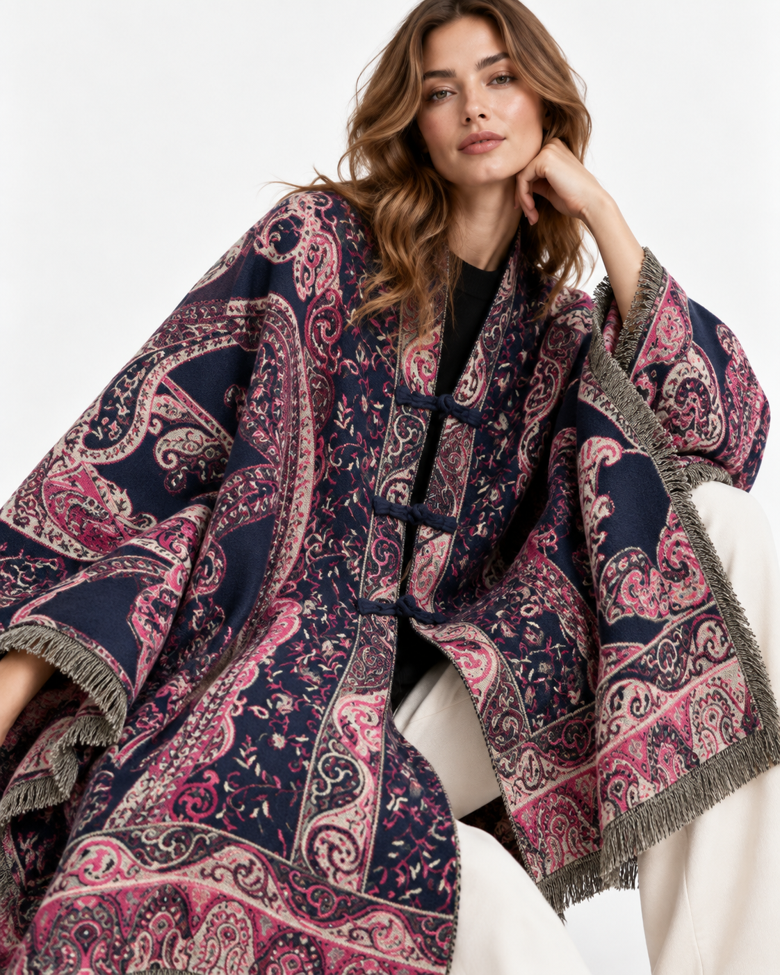 Paisley-Print Tassel Cape