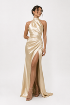 Satin-Effect Halter Split Maxi Dress