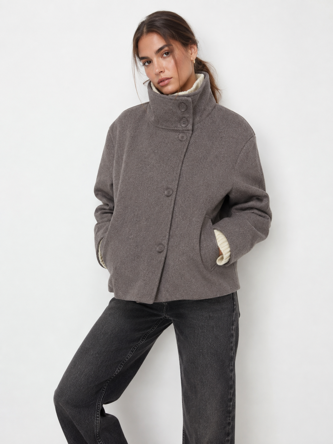 High-Collar Buttoned Jacket