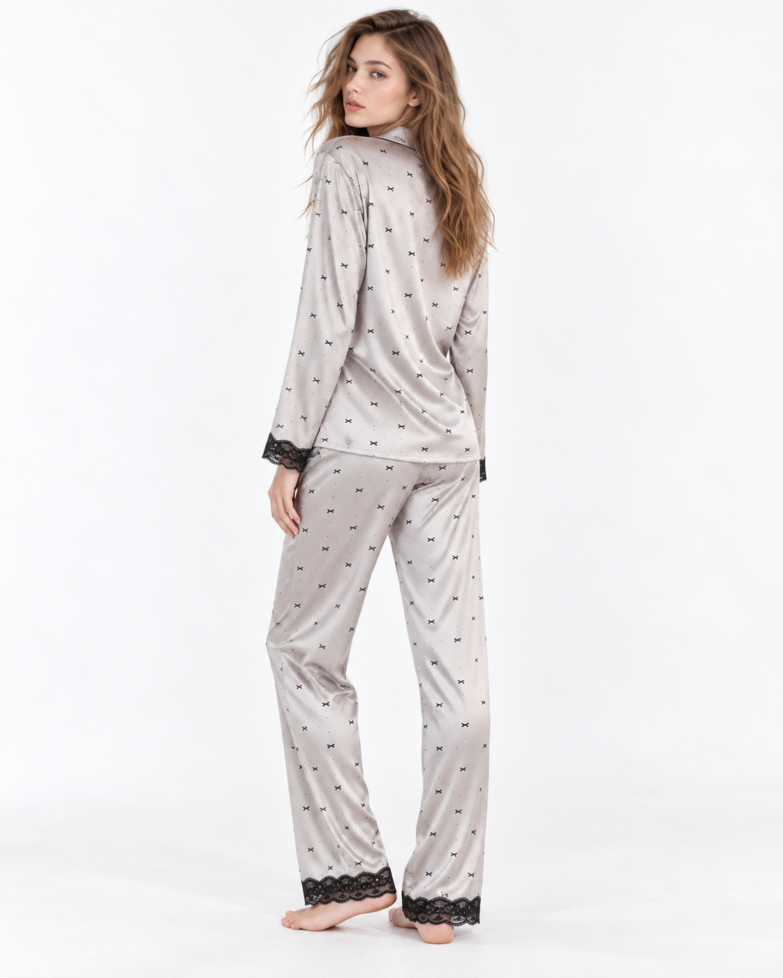 Polka-Dot Long Pyjama Set with Bow Detail