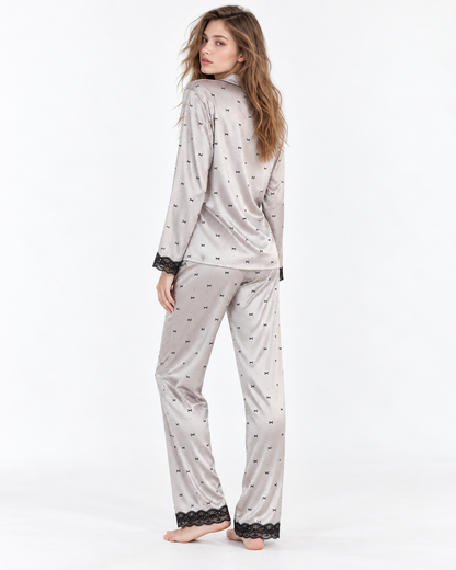 Polka-Dot Long Pyjama Set with Bow Detail