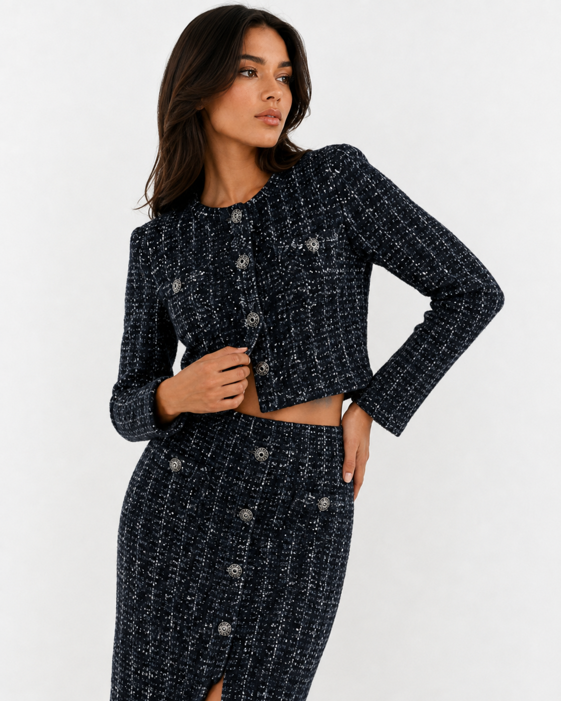 Bouclé Knit Cardigan & Midi Skirt Co-Ord Set