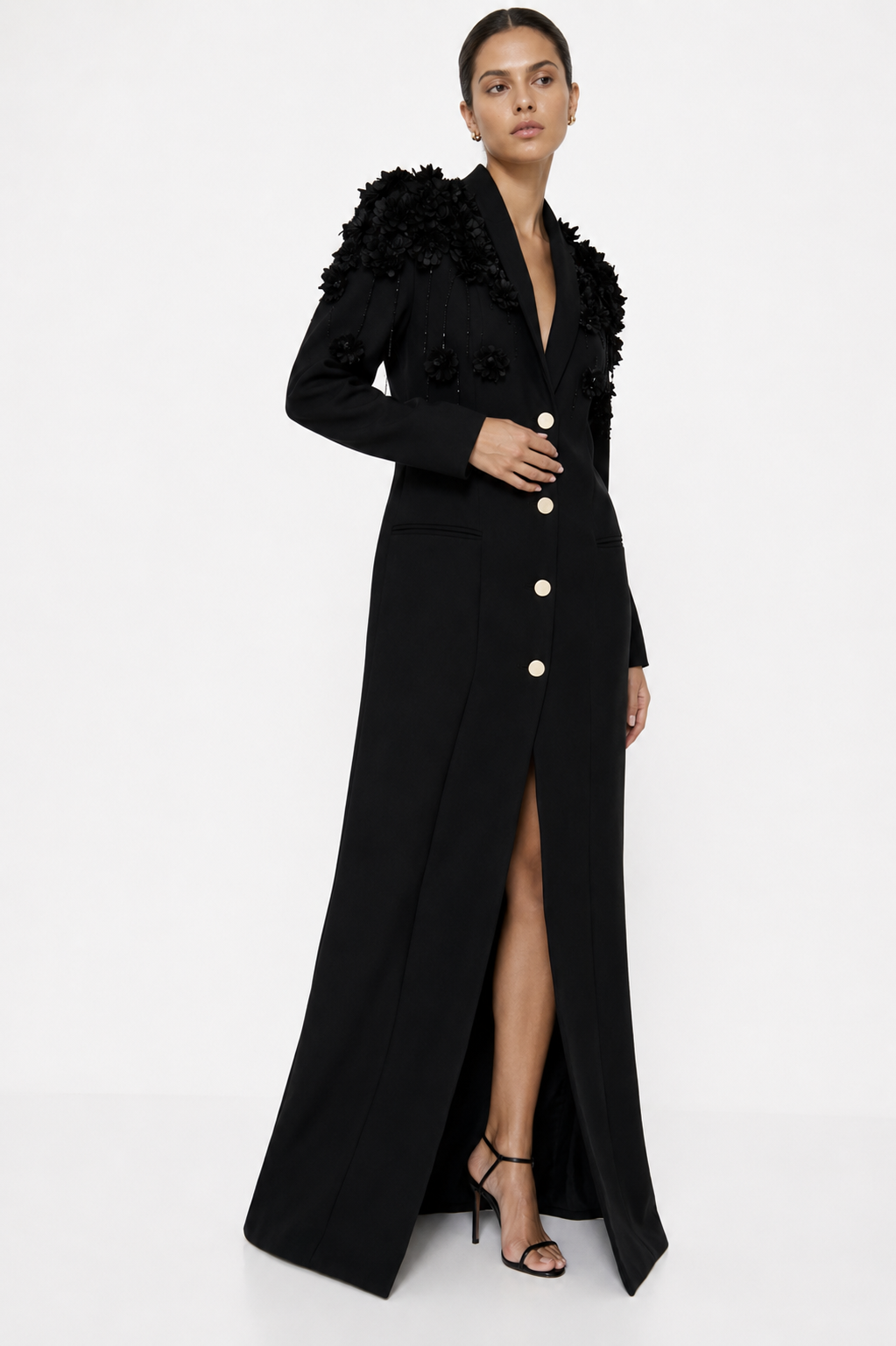 Structured-Shoulder Tailored Maxi Dress