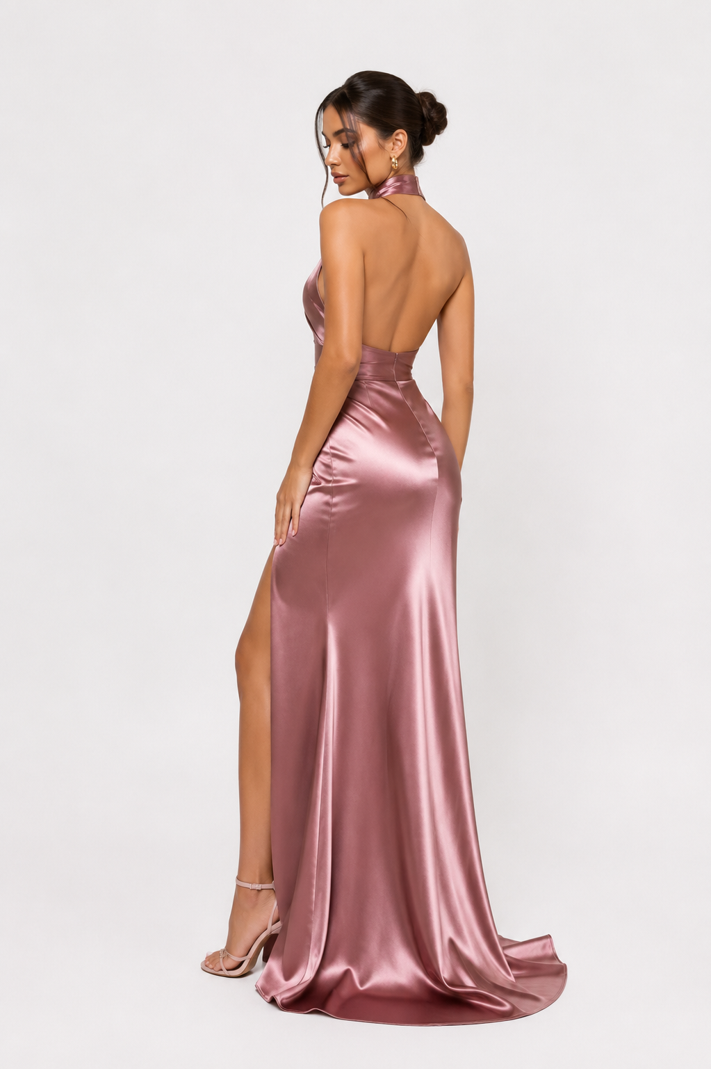 Satin-Effect Halter Split Maxi Dress