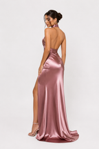 Satin-Effect Halter Split Maxi Dress