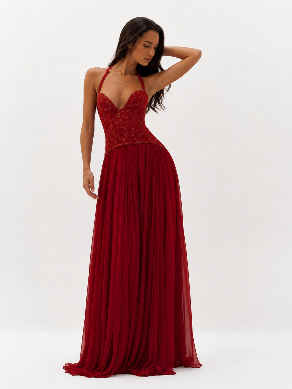 Pleated Corset Halter Maxi Dress