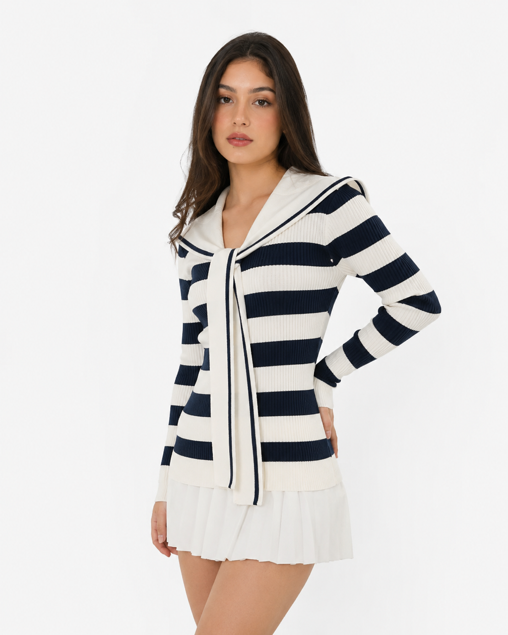 Sailor-Collar Ribbed Knit Blouse