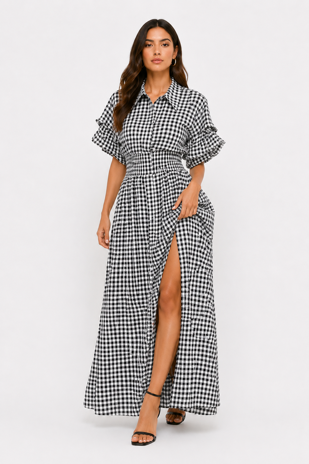 Gingham High-Slit Maxi Dress