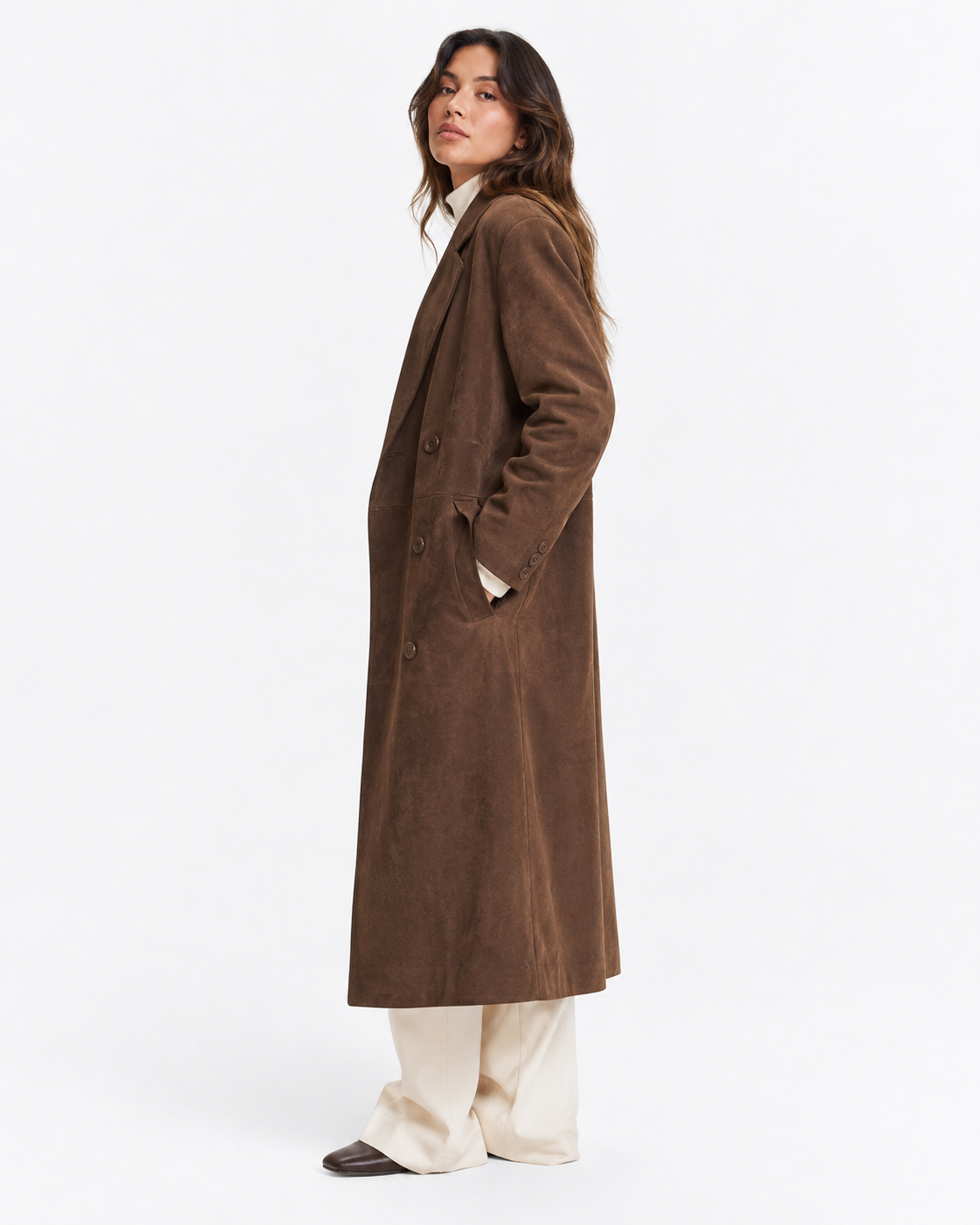 Suede-Effect Longline Trench Coat
