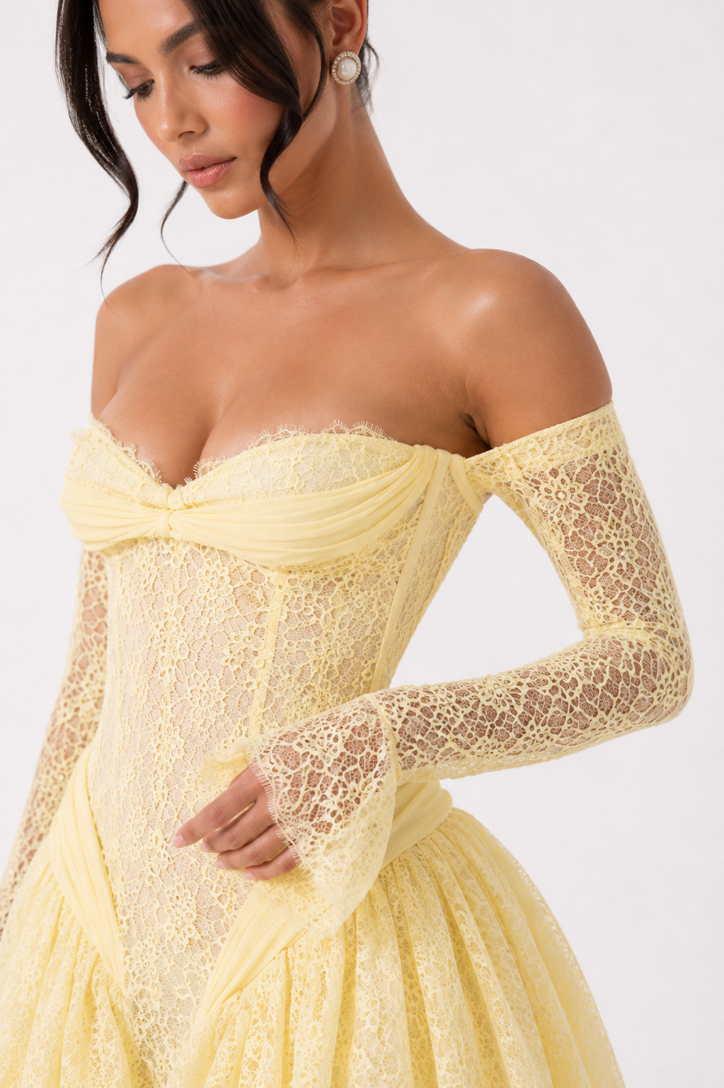 Asymmetric Lace-Sleeve Mini Dress