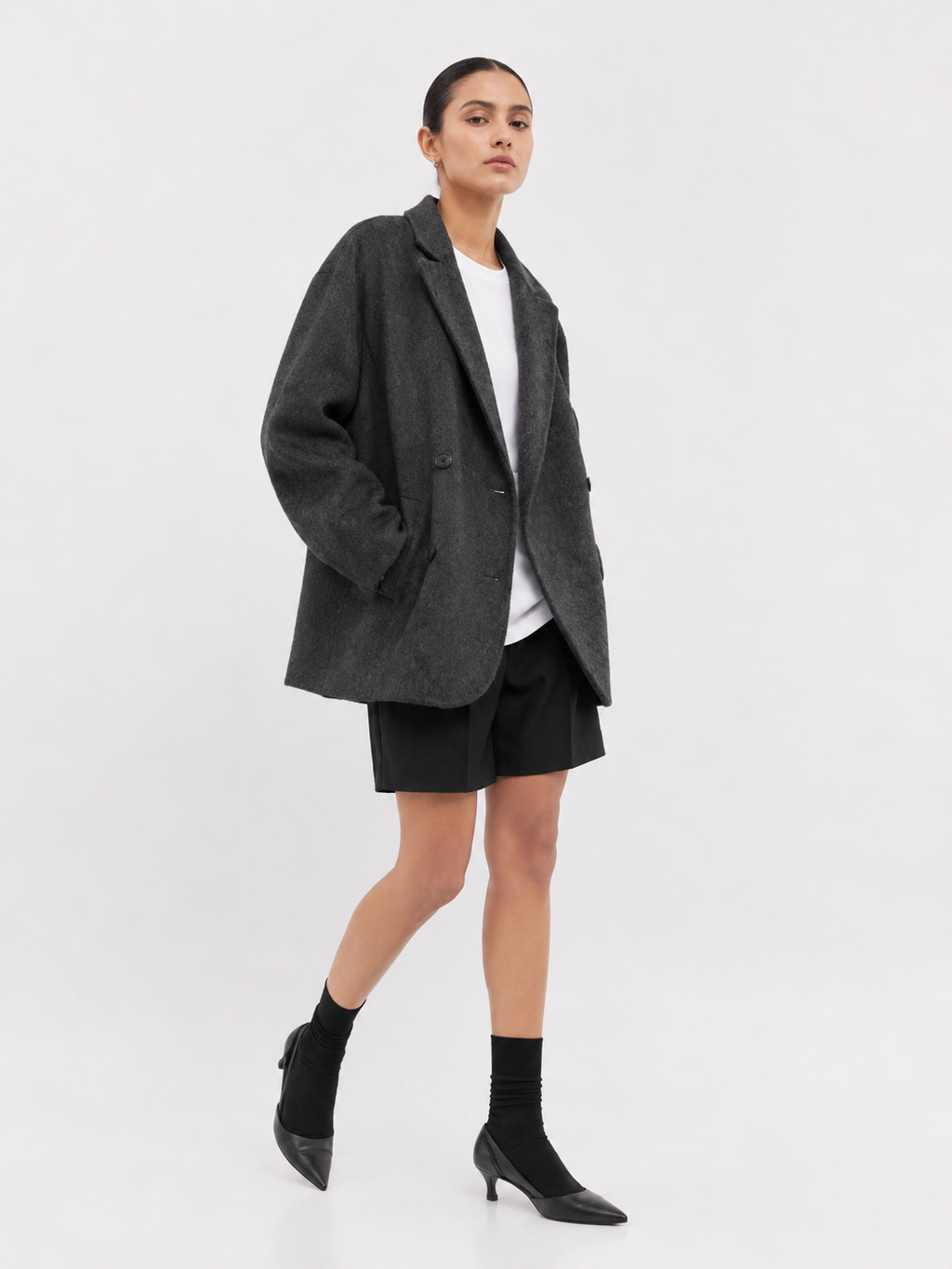 Double-Breasted Textured Short Coat