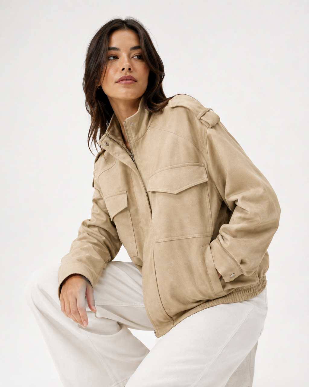 Suede-Effect Oversized Bomber Jacket