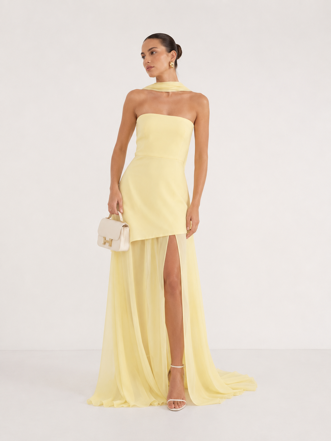 Asymmetric-Overlay Strapless Maxi Dress