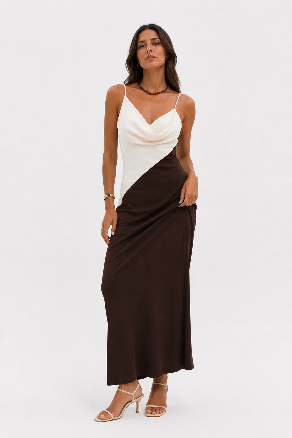 Two-Tone V-Neck Straight Midi Dress