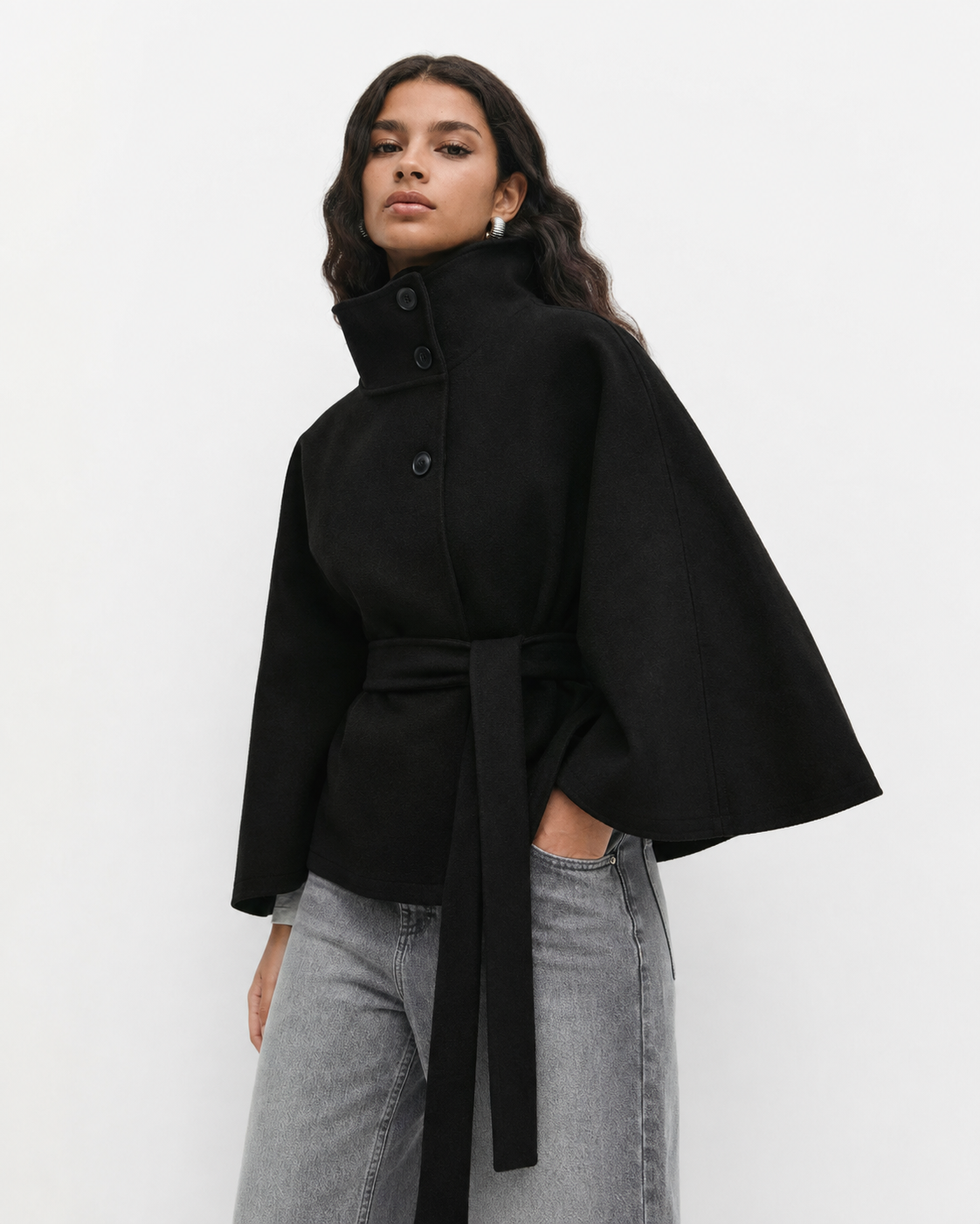Cape-Sleeve Buttoned Coat