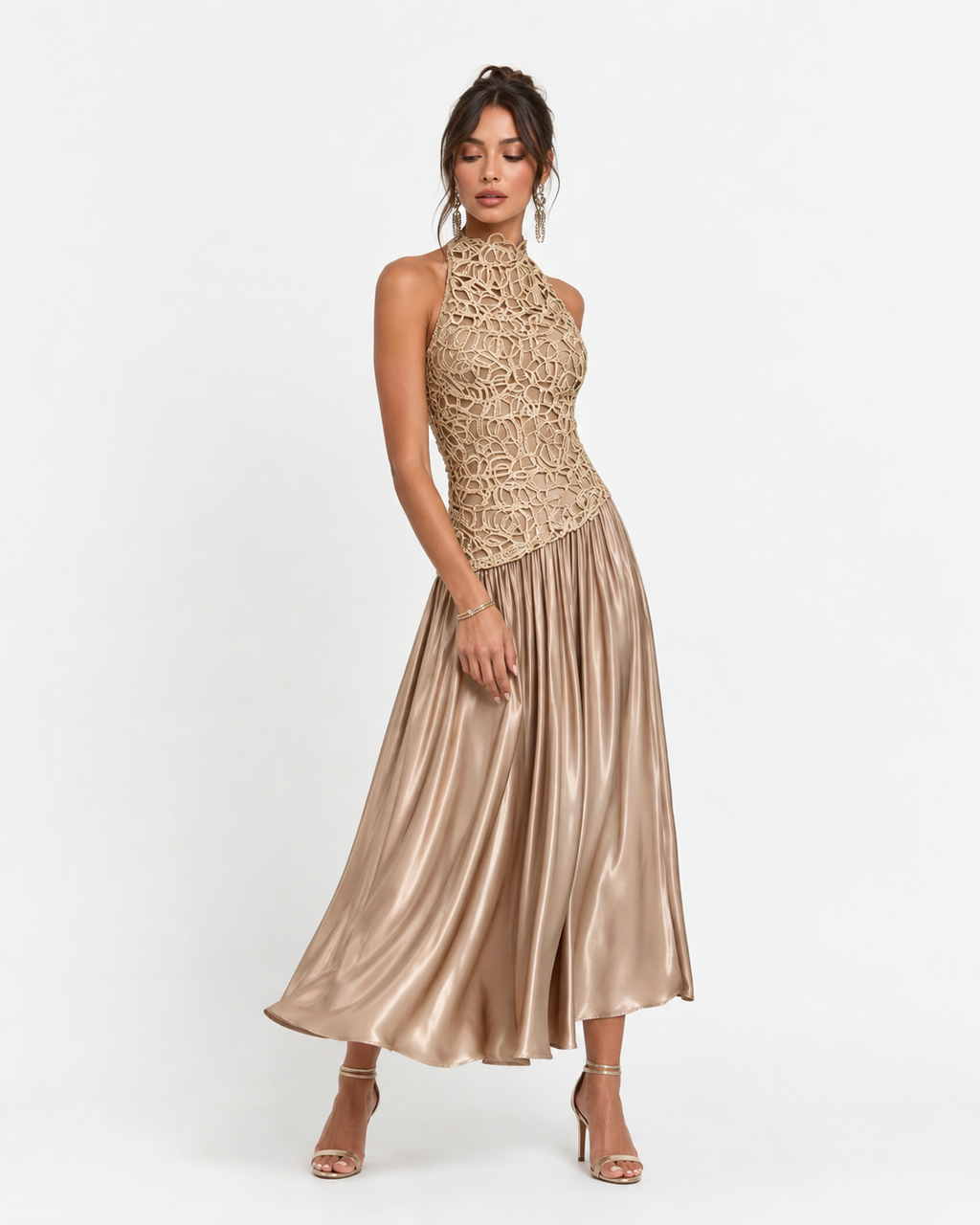 Lace-Crochet Pleated Maxi Dress