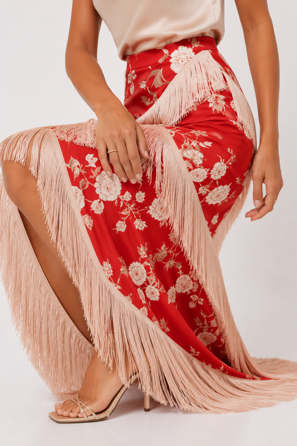 Printed Ruffle Top & Tassel Maxi Skirt Set