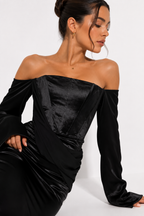 Off-Shoulder Satin-Effect Maxi Dress