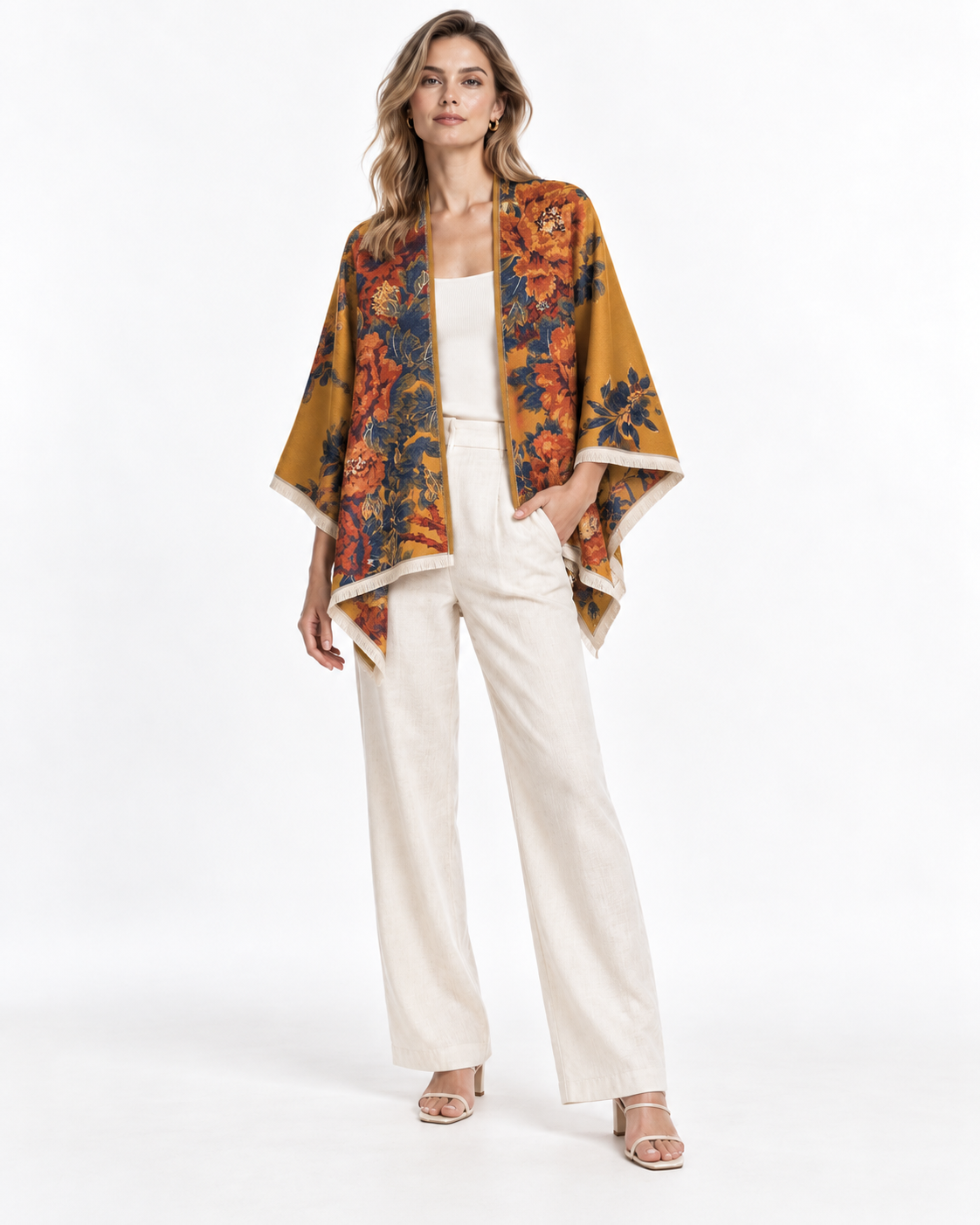 Floral-Print Draped Shawl