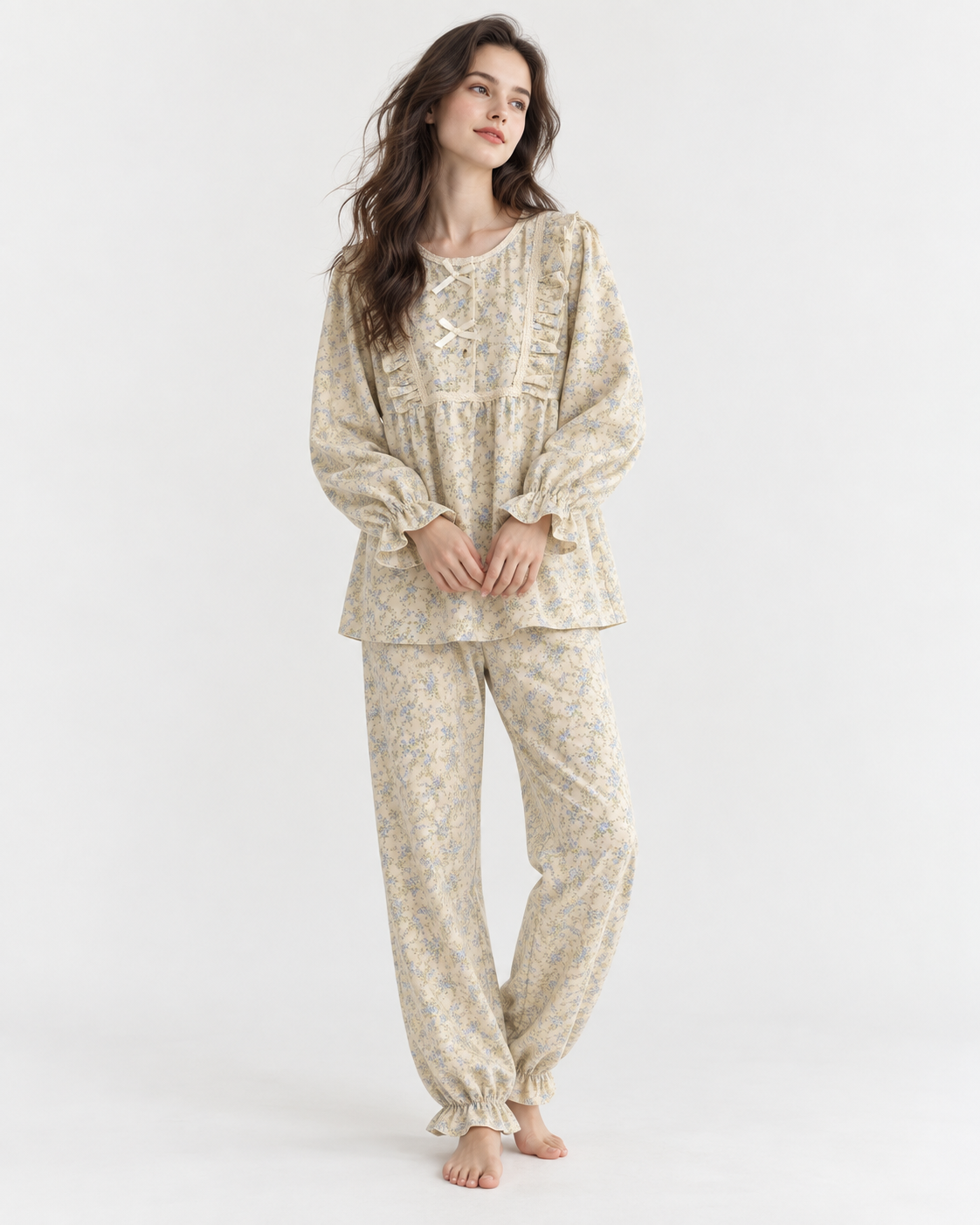 Printed Long Pyjama Set with Bow Detail