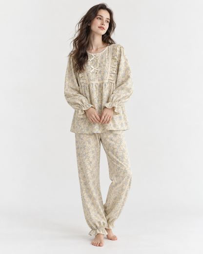 Printed Long Pyjama Set with Bow Detail