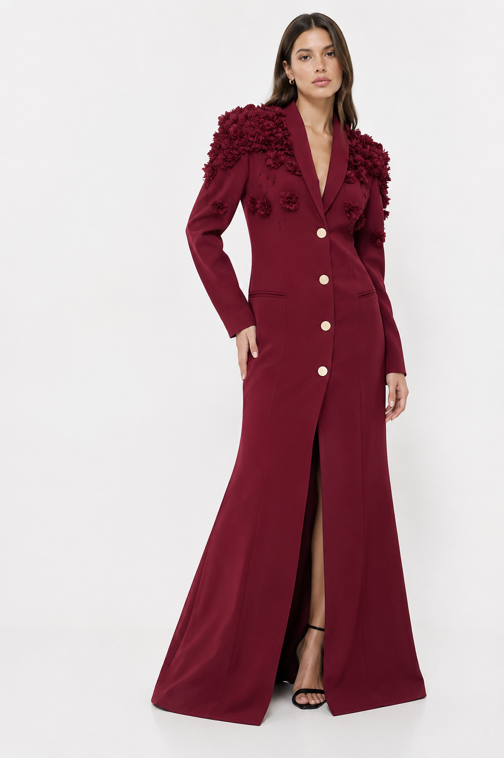 Structured-Shoulder Tailored Maxi Dress