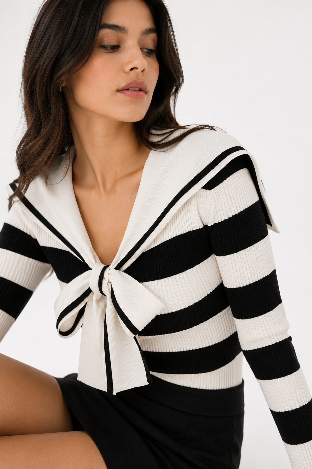 Sailor-Collar Ribbed Knit Blouse