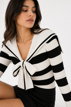 Sailor-Collar Ribbed Knit Blouse