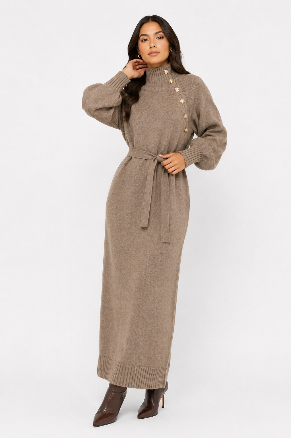 Belted High-Neck Maxi Dress