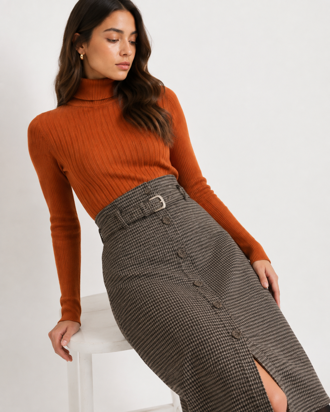 Belted Houndstooth A-Line Midi Skirt