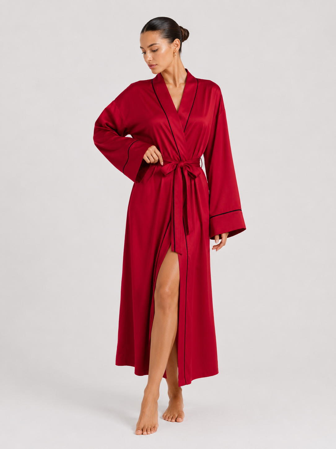 Contrast-Piped Open-Front Dressing Gown