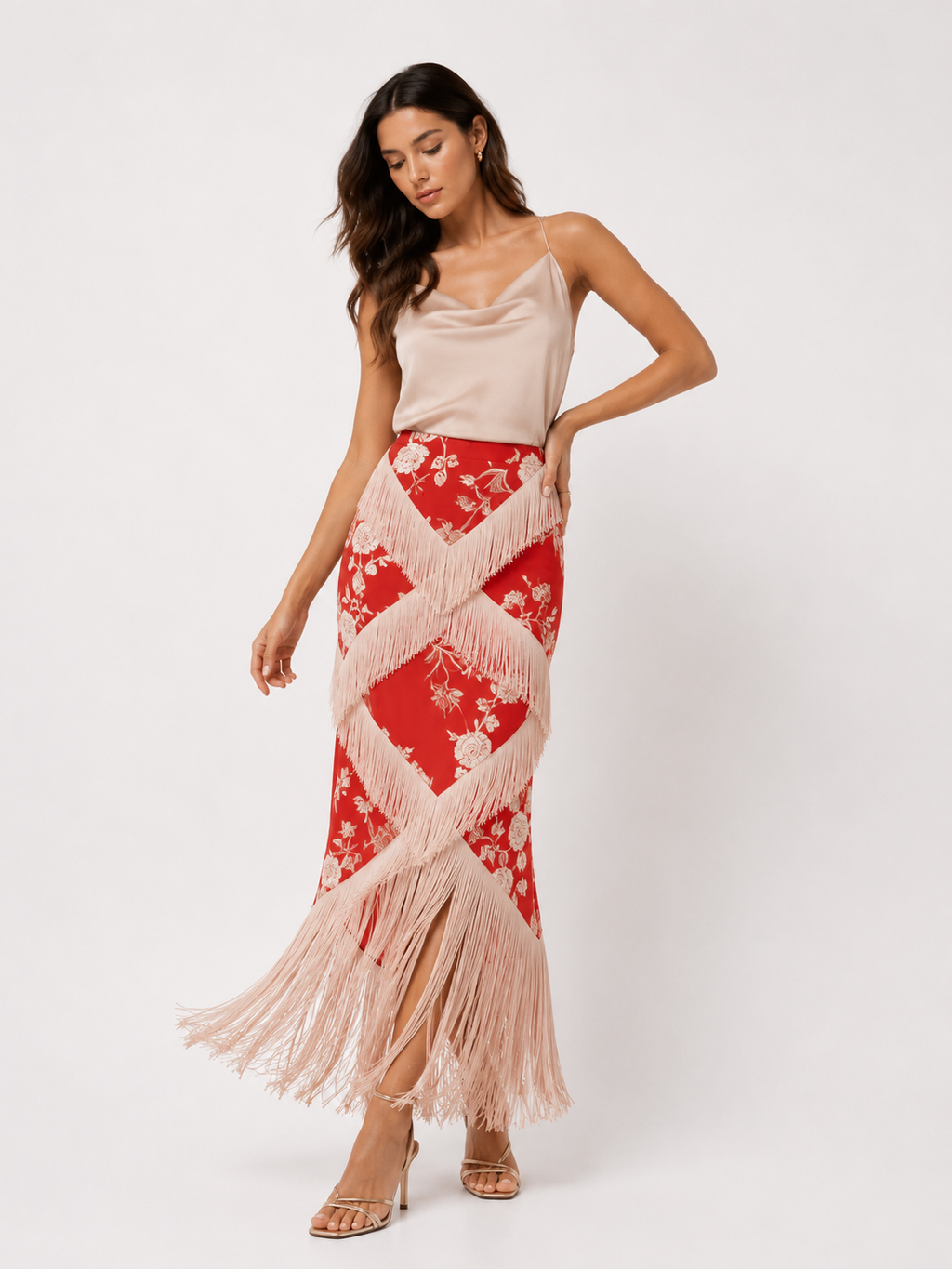 Printed Ruffle Top & Tassel Maxi Skirt Set